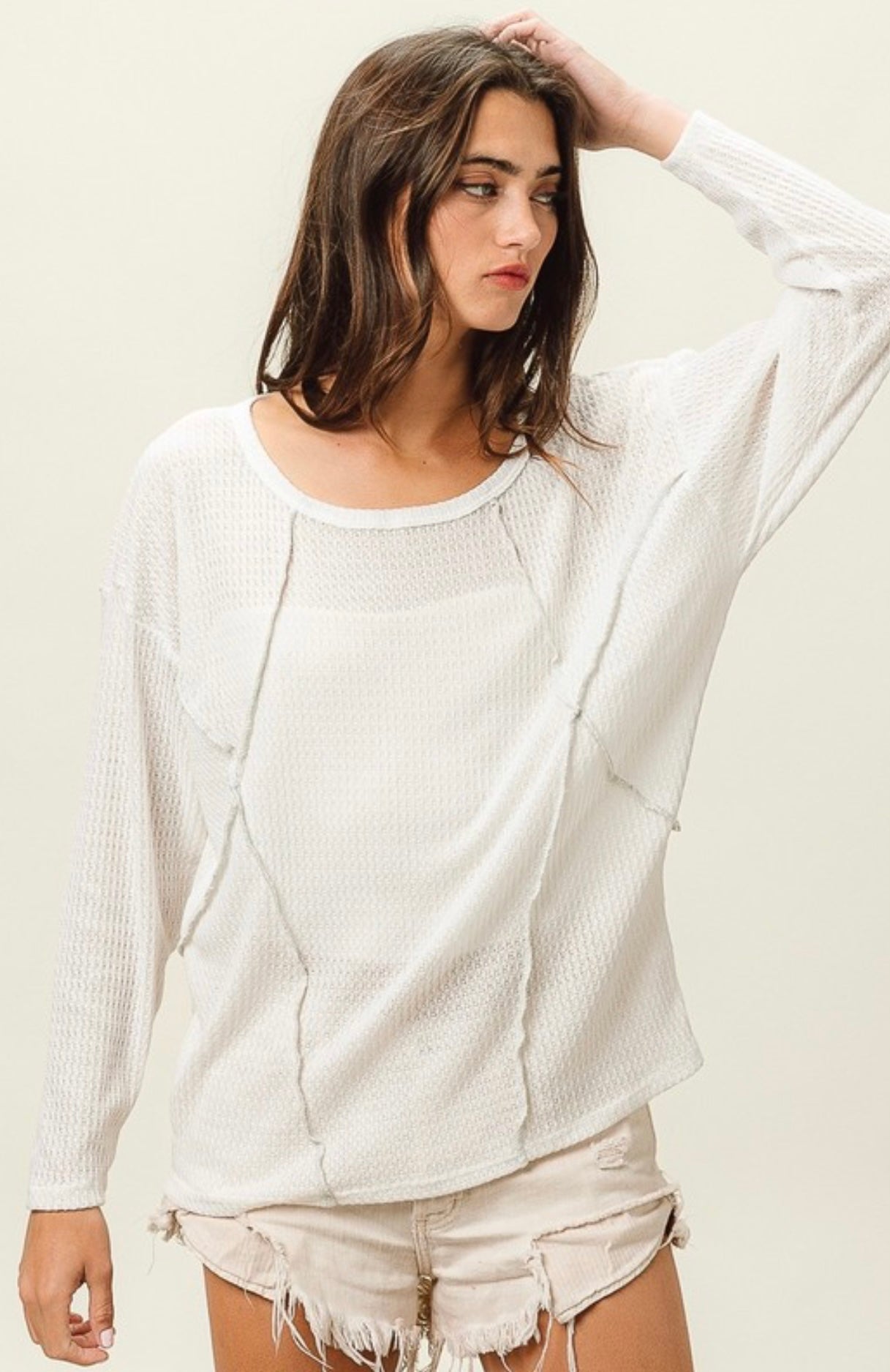 Waffle Knit Top With Out Stitch Detail