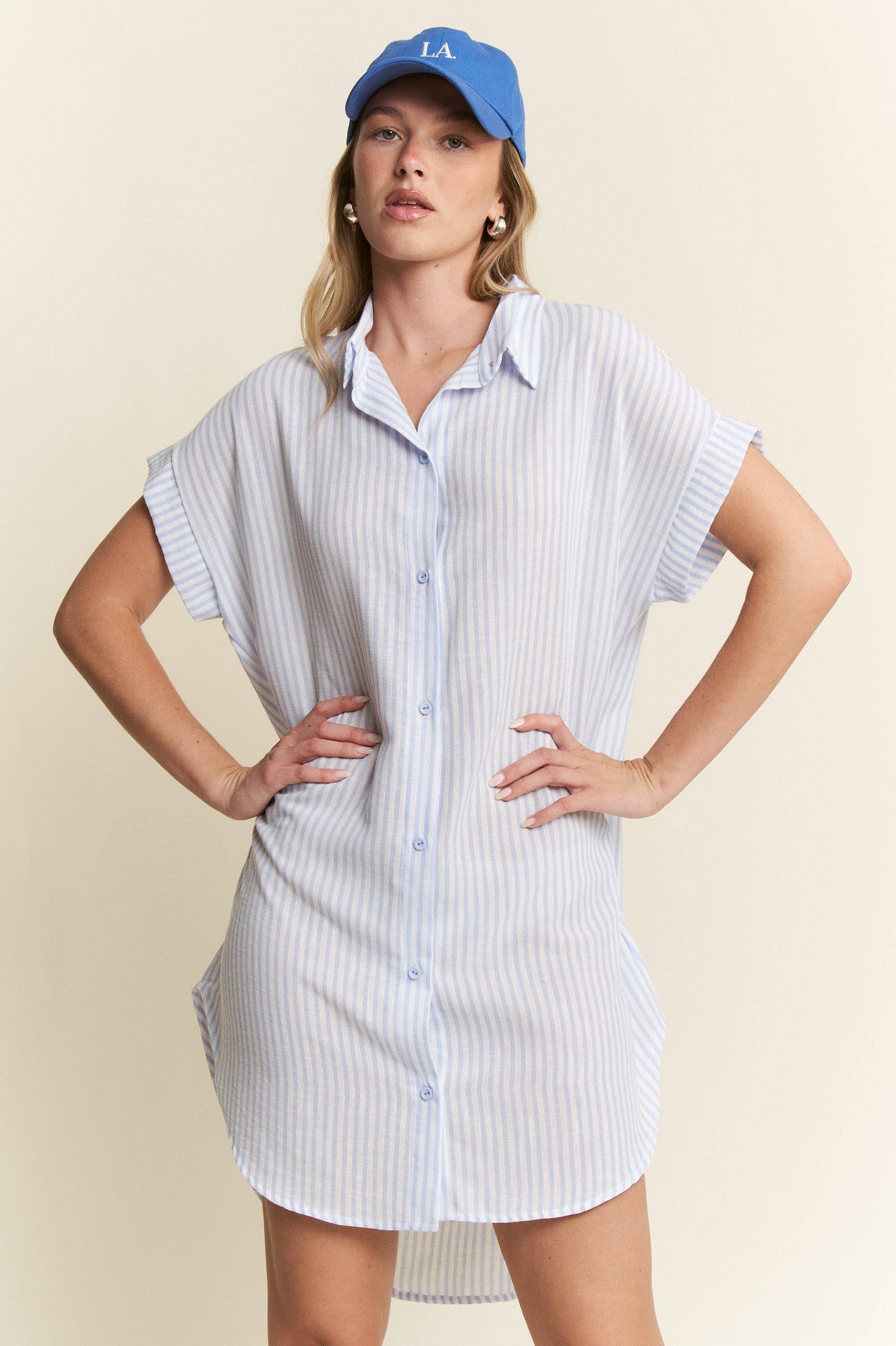 STRIPED PASTEL BUTTON DOWN MINI DRESS