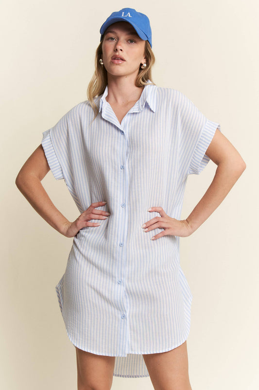 STRIPED PASTEL BUTTON DOWN MINI DRESS