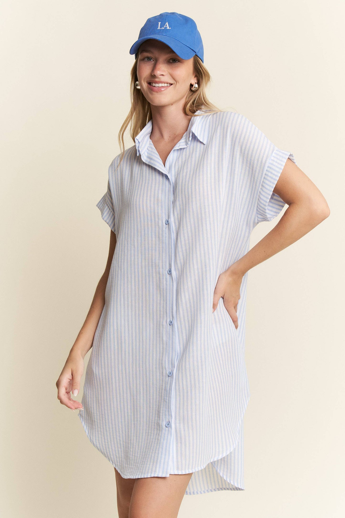 STRIPED PASTEL BUTTON DOWN MINI DRESS