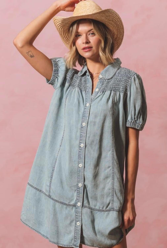 Smocked Yoke Button Up Shirt Dress