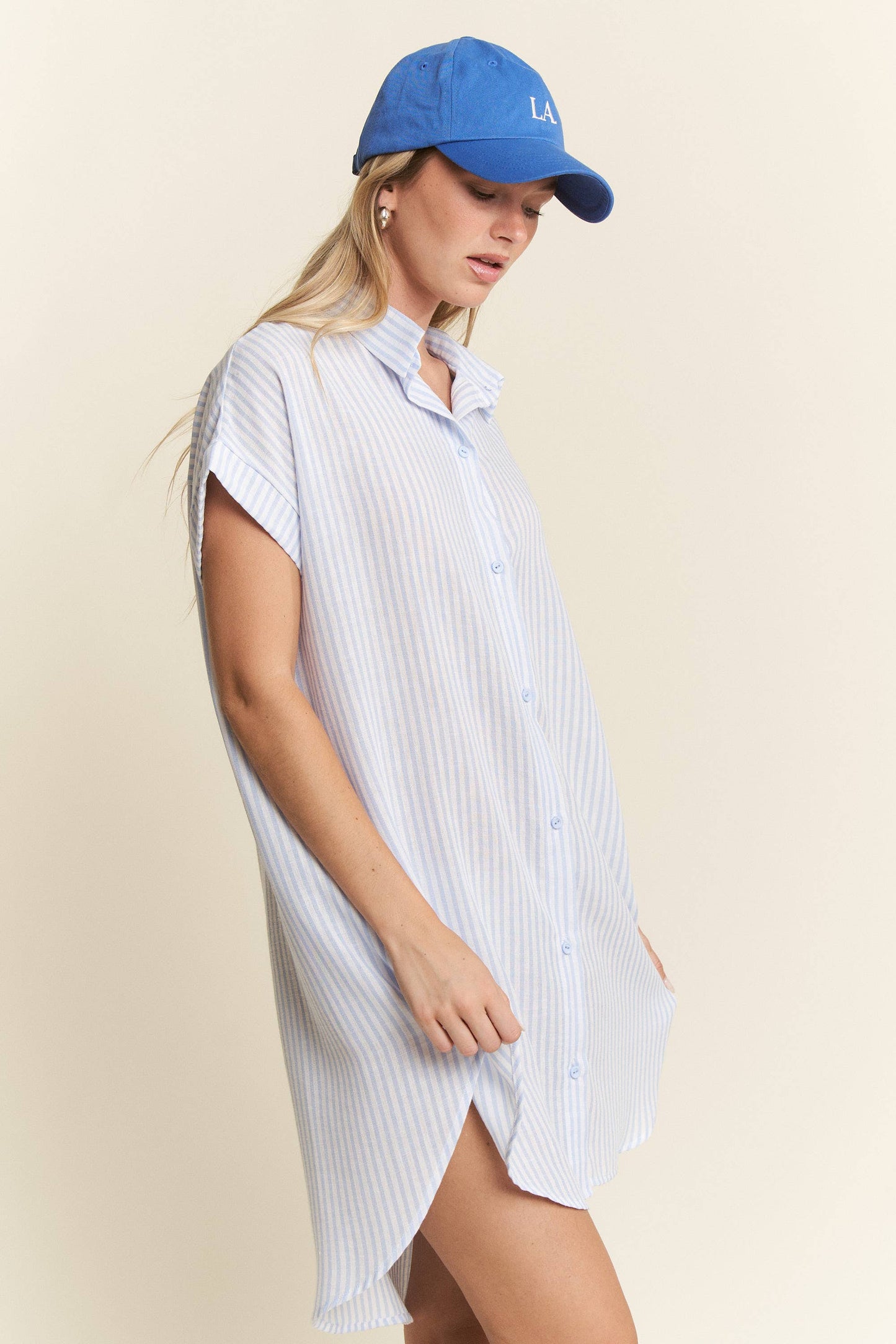 STRIPED PASTEL BUTTON DOWN MINI DRESS