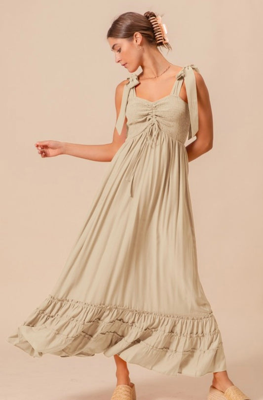 Smocked Maxi Dress with Ribbon Tie Straps