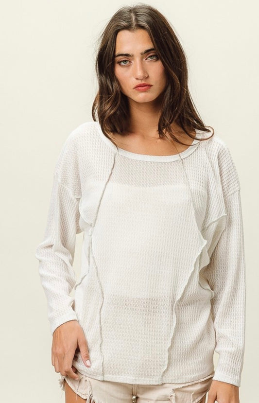 Waffle Knit Top With Out Stitch Detail