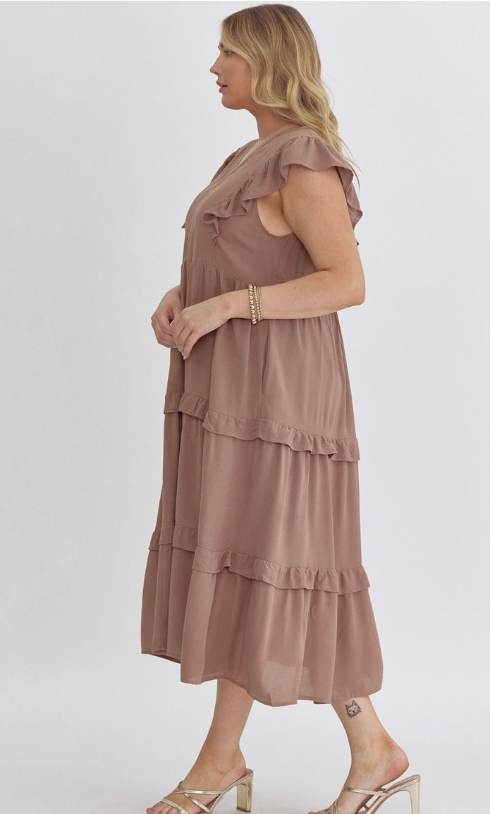 Short Sleeve VNeck Tiered Midi Dress