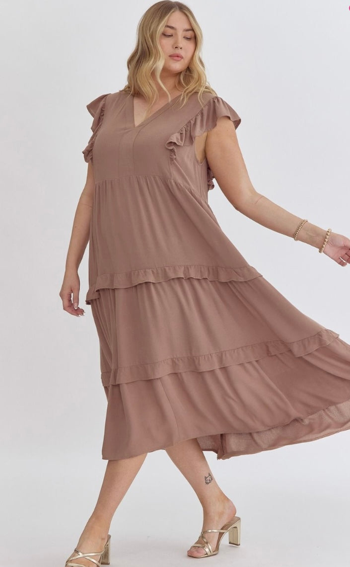 Short Sleeve VNeck Tiered Midi Dress