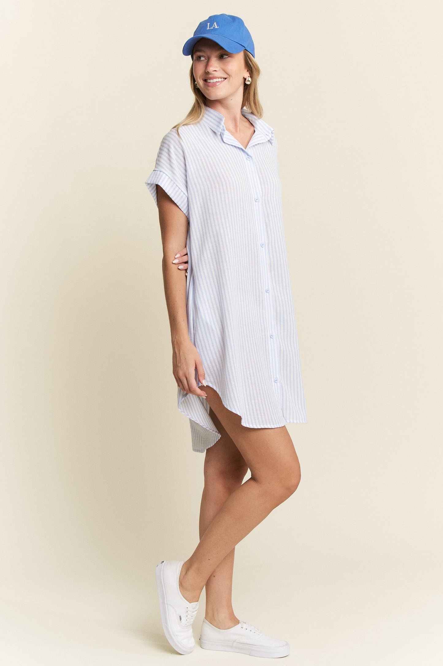 STRIPED PASTEL BUTTON DOWN MINI DRESS