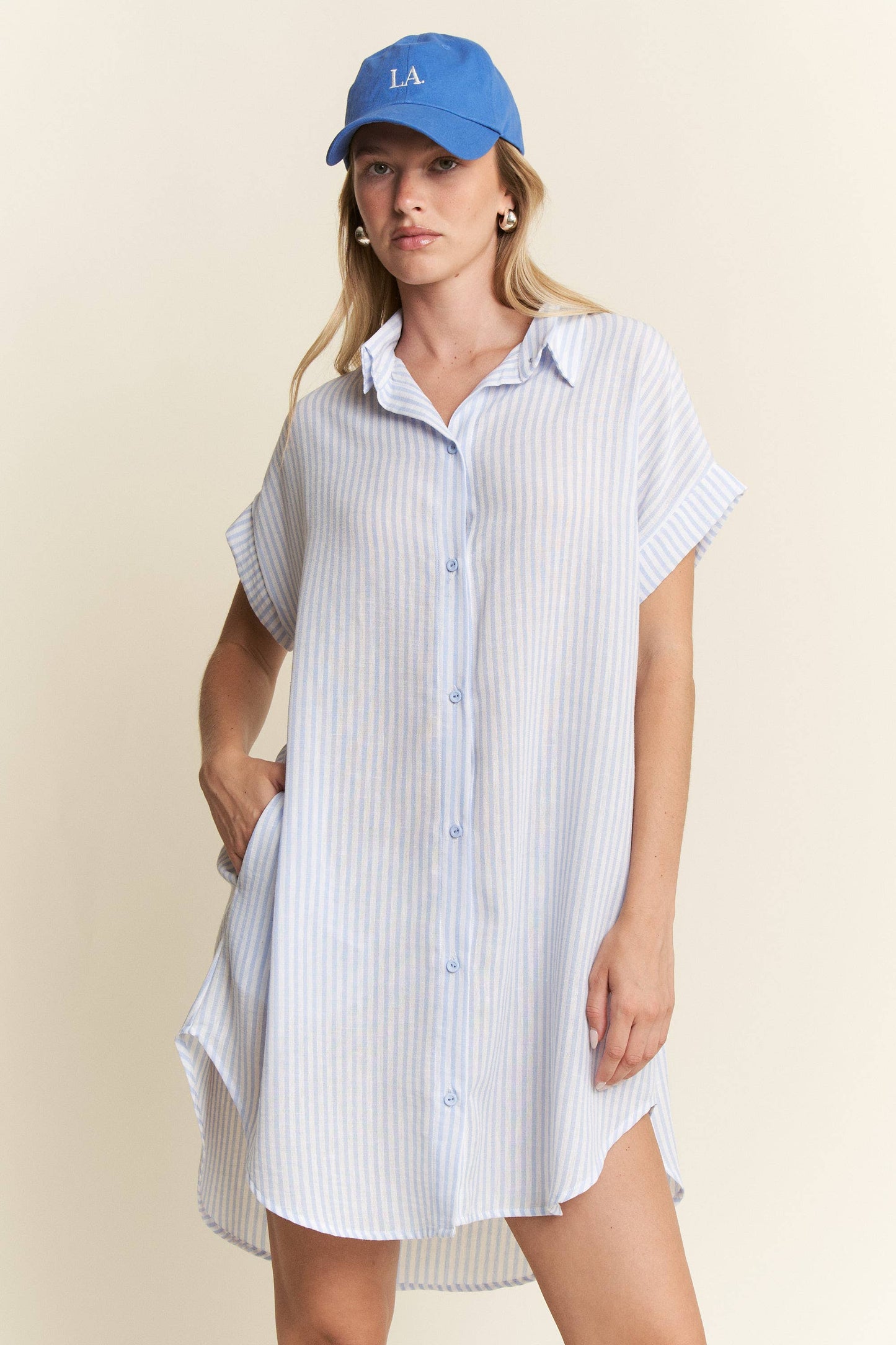 STRIPED PASTEL BUTTON DOWN MINI DRESS