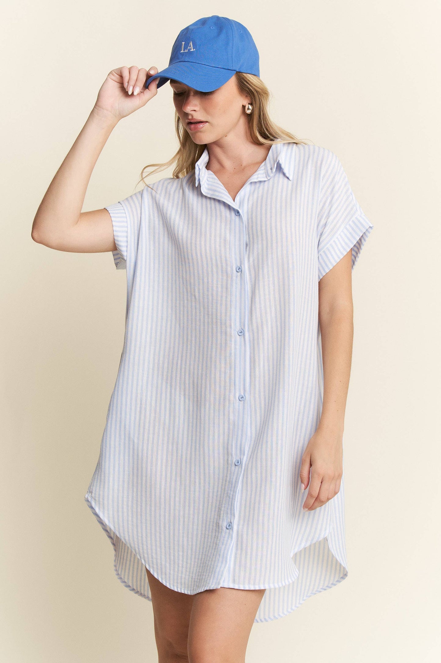 STRIPED PASTEL BUTTON DOWN MINI DRESS